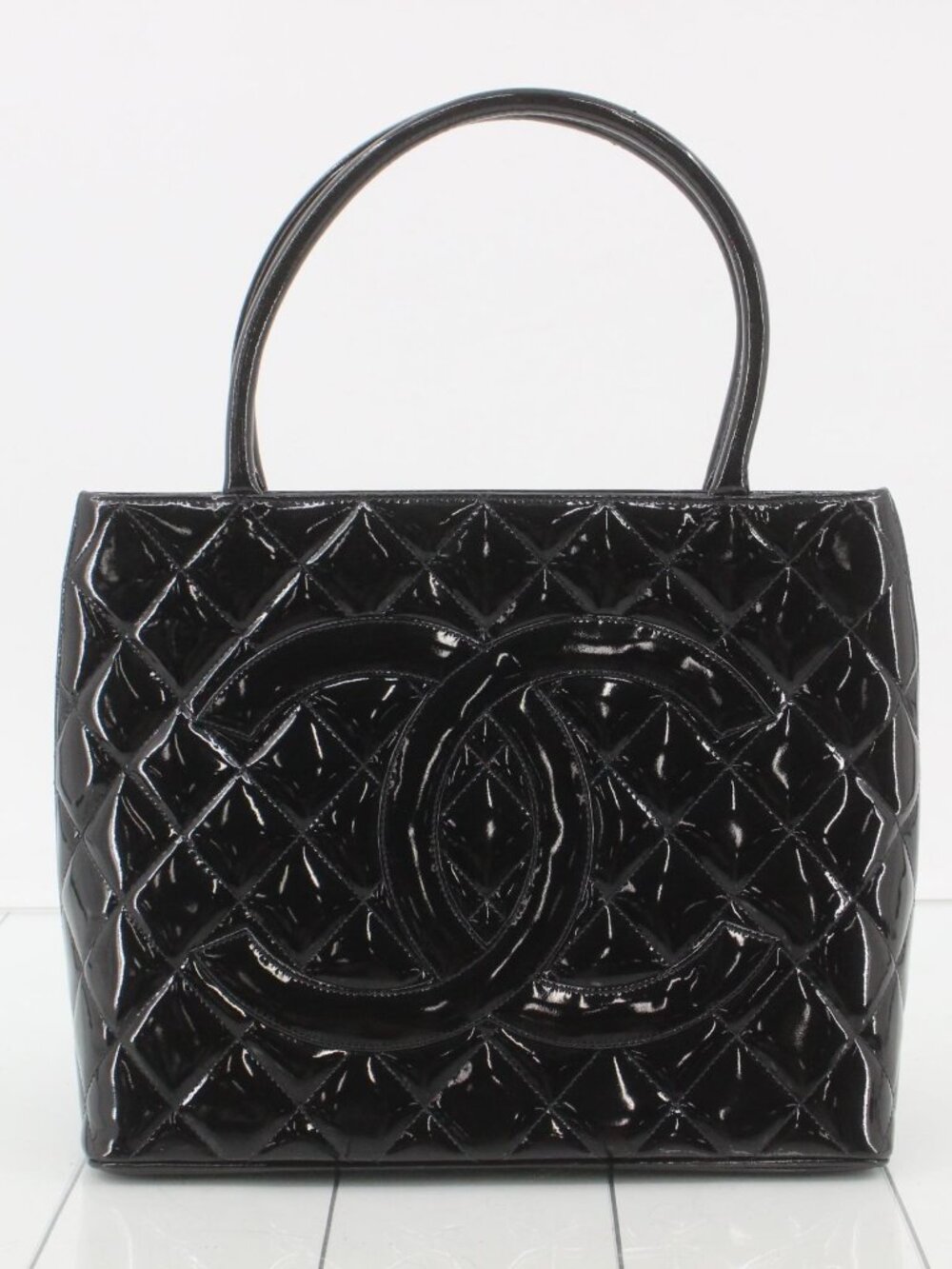 CHANEL Black Quilted Patent Leather Tote with Interlocking CC